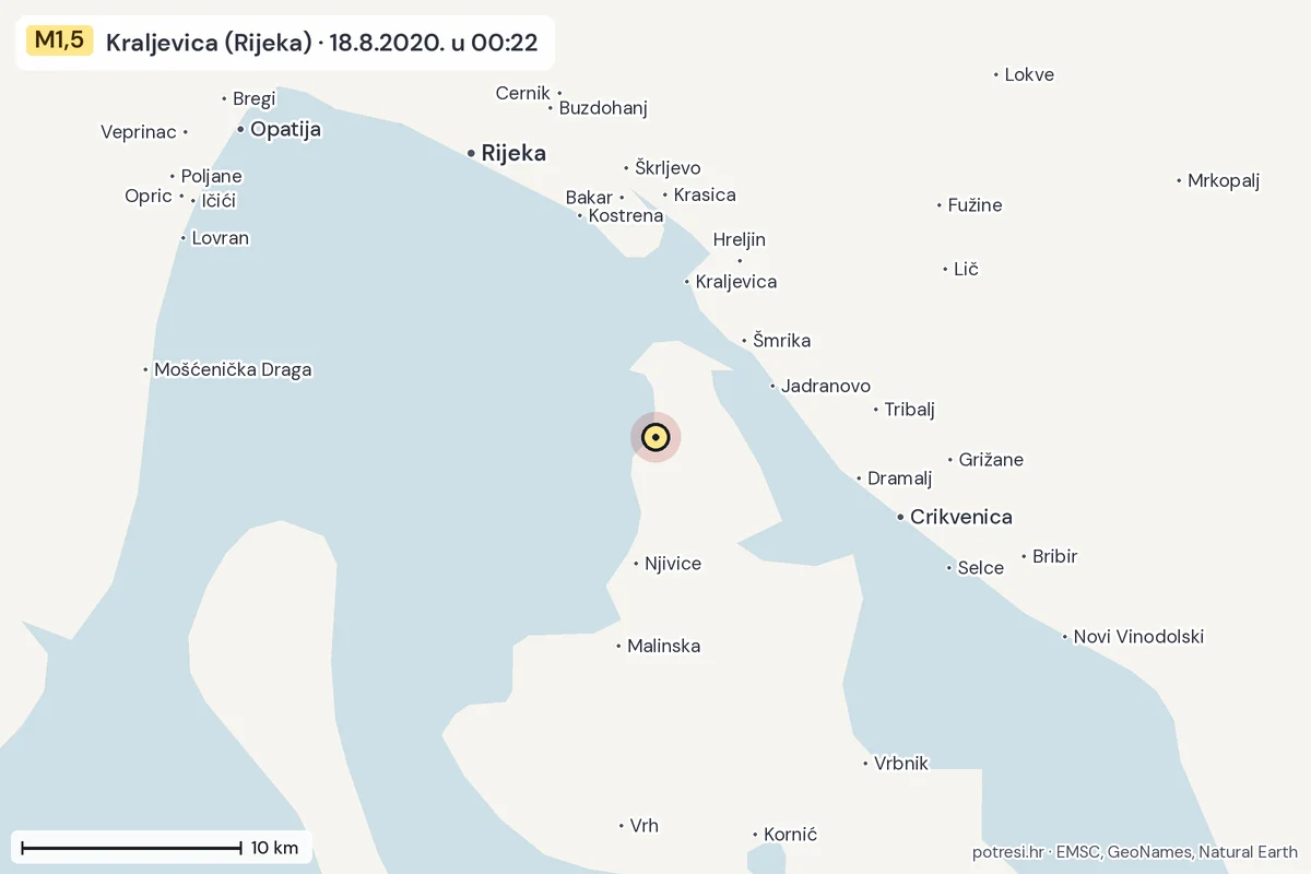Karta: okolica epicentra, 60 km, potres M1,5, Kraljevica (Rijeka), 18.8.2020.