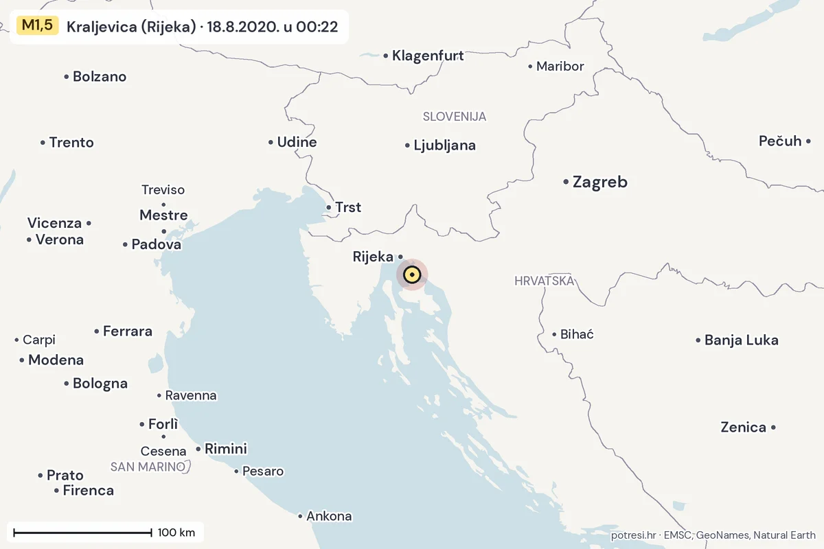 Karta: šire područje, 600 km, potres M1,5, Kraljevica (Rijeka), 18.8.2020.
