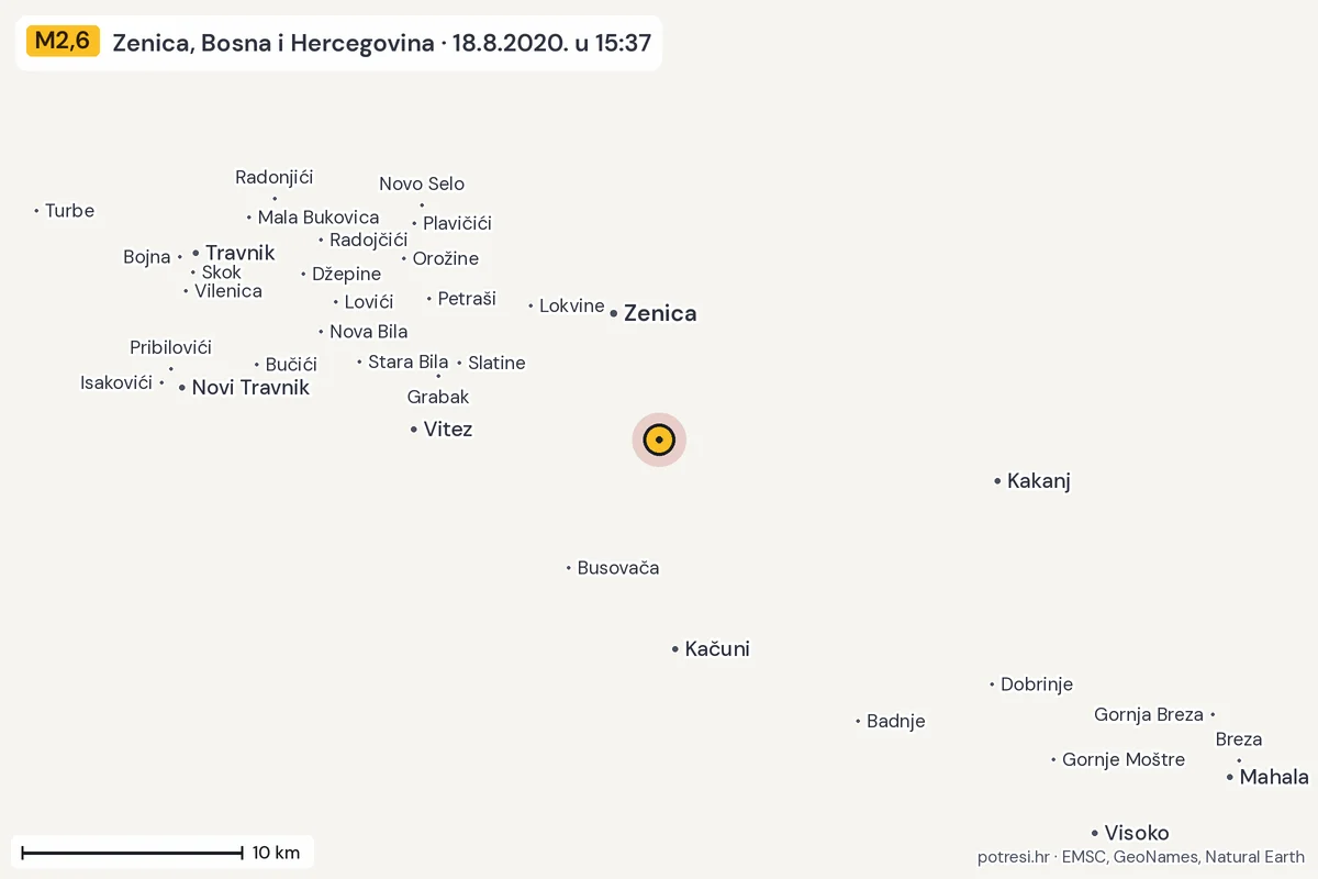 Karta: okolica epicentra, 60 km, potres M2,6, Zenica, Bosna i Hercegovina, 18.8.2020.