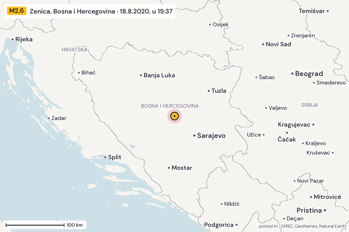 Karta: šire područje, 600 km, potres M2,6, Zenica, Bosna i Hercegovina, 18.8.2020.