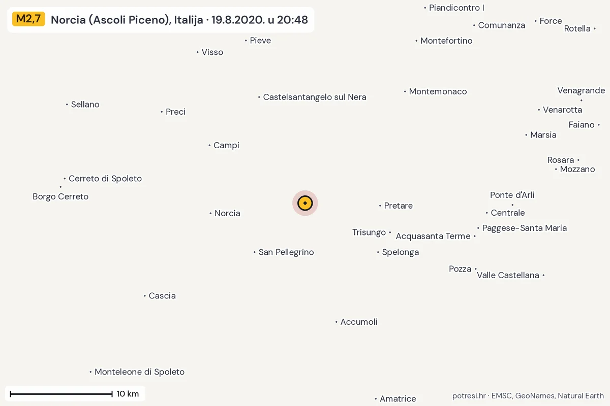 Karta: okolica epicentra, 60 km, potres M2,7, Norcia (Ascoli Piceno), Italija, 19.8.2020.