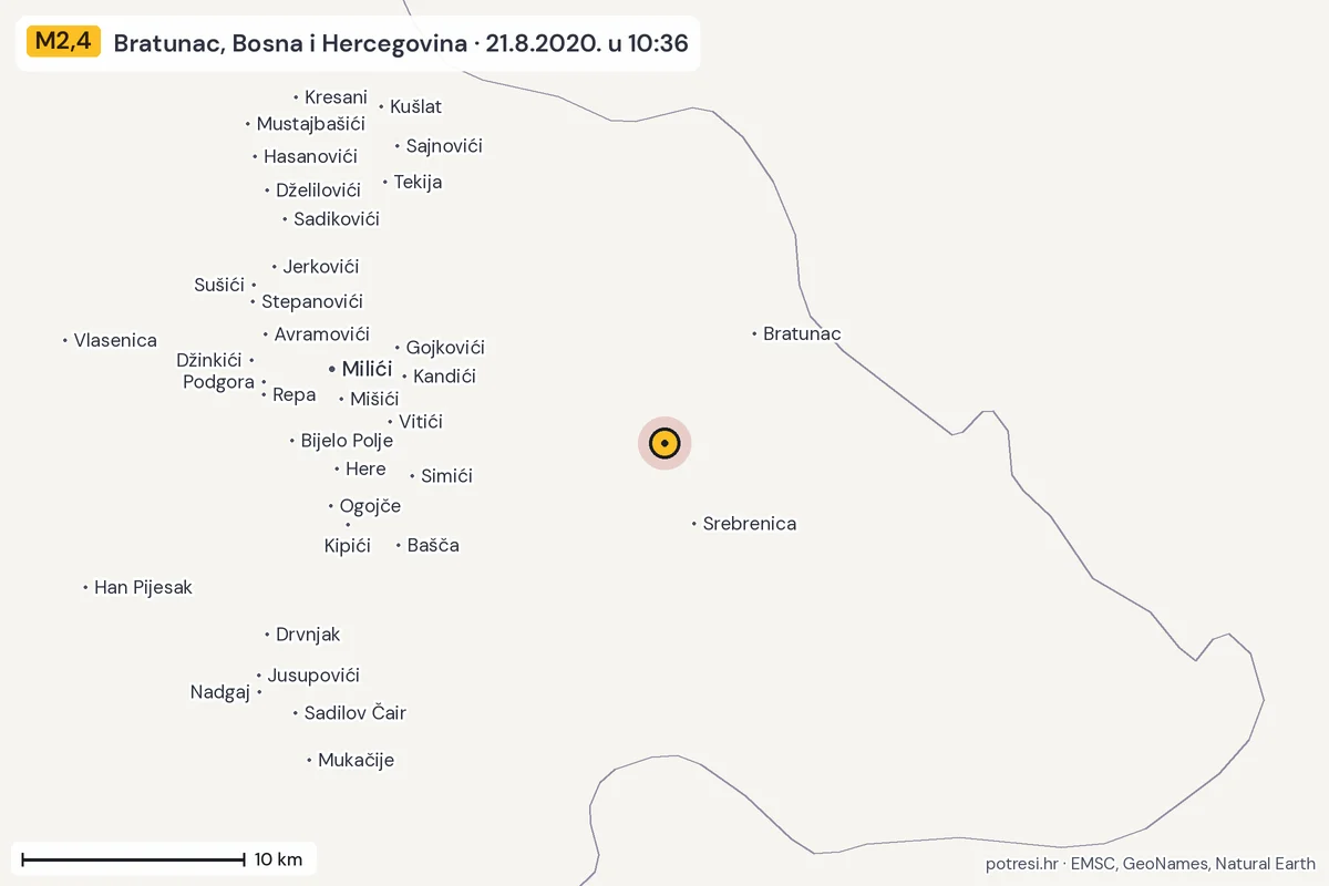 Karta: okolica epicentra, 60 km, potres M2,4, Bratunac, Bosna i Hercegovina, 21.8.2020.