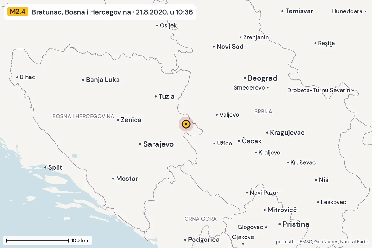 Karta: šire područje, 600 km, potres M2,4, Bratunac, Bosna i Hercegovina, 21.8.2020.