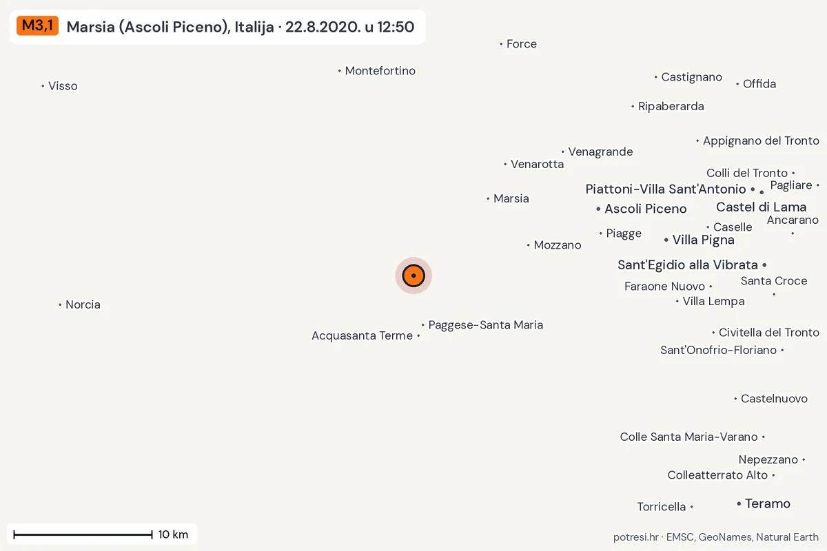 Karta: okolica epicentra, 60 km, potres M3,1, Marsia (Ascoli Piceno), Italija, 22.8.2020.