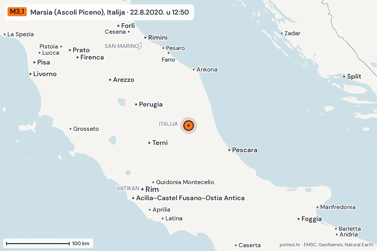Karta: šire područje, 600 km, potres M3,1, Marsia (Ascoli Piceno), Italija, 22.8.2020.