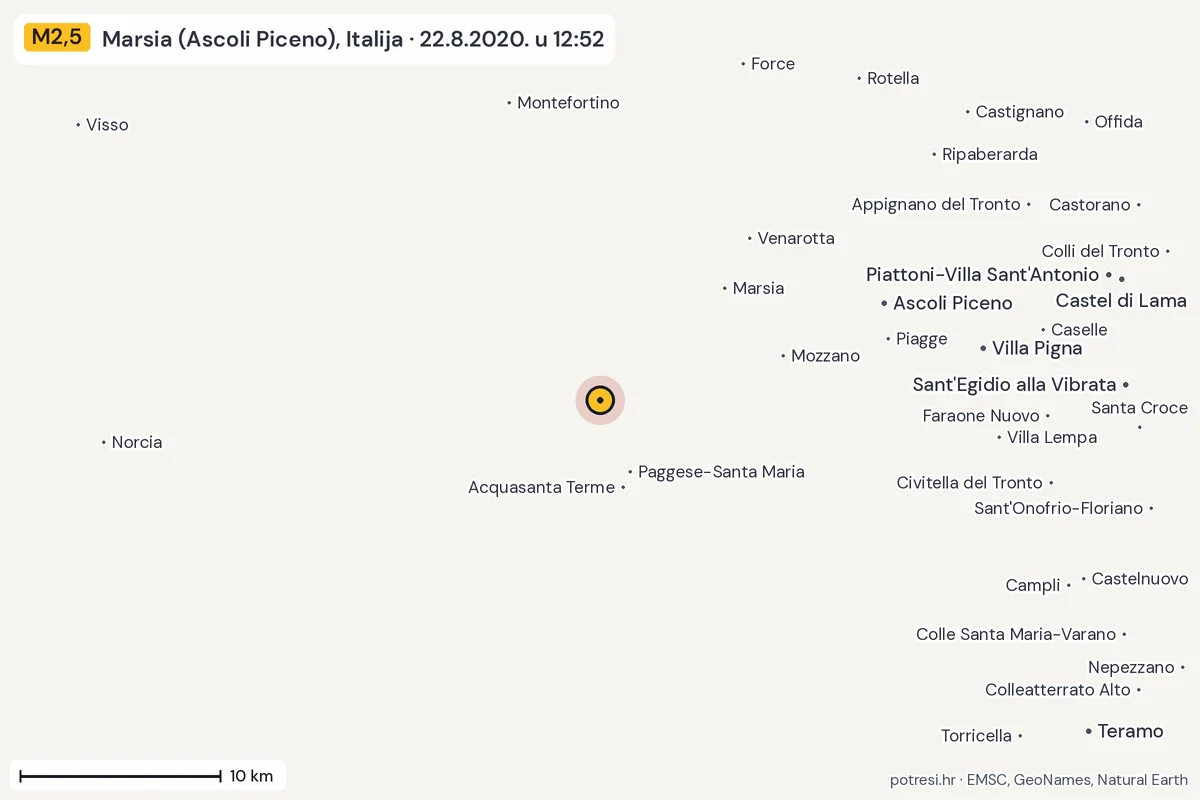 Karta: okolica epicentra, 60 km, potres M2,5, Marsia (Ascoli Piceno), Italija, 22.8.2020.
