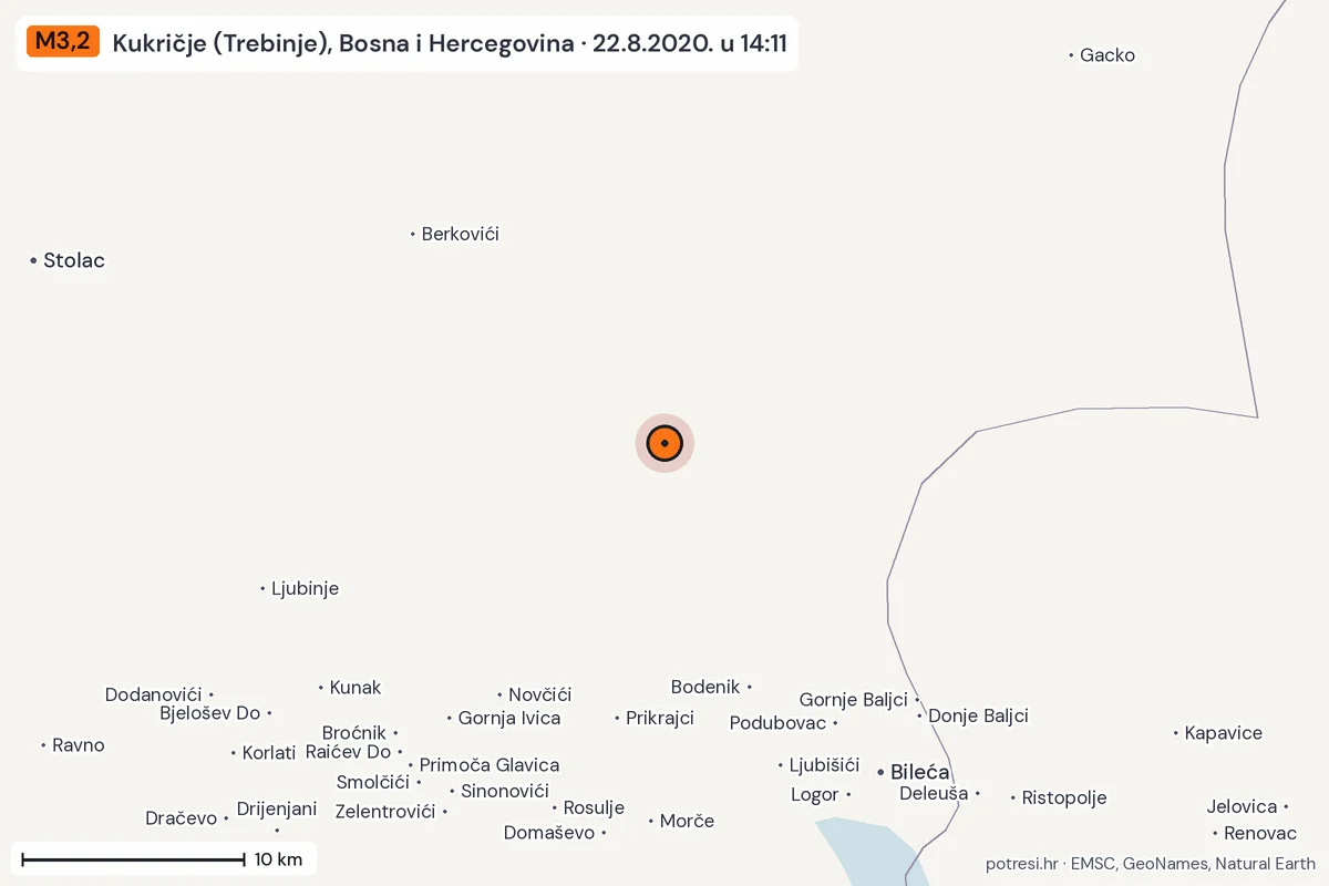 Karta: okolica epicentra, 60 km, potres M3,2, Kukričje (Trebinje), Bosna i Hercegovina, 22.8.2020.