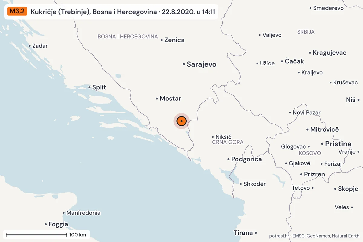 Karta: šire područje, 600 km, potres M3,2, Kukričje (Trebinje), Bosna i Hercegovina, 22.8.2020.