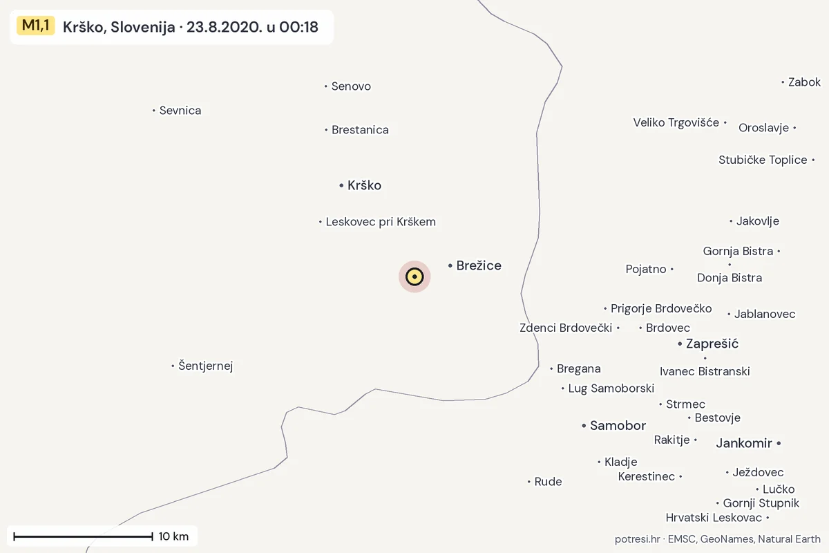Karta: okolica epicentra, 60 km, potres M1,1, Krško, Slovenija, 23.8.2020.