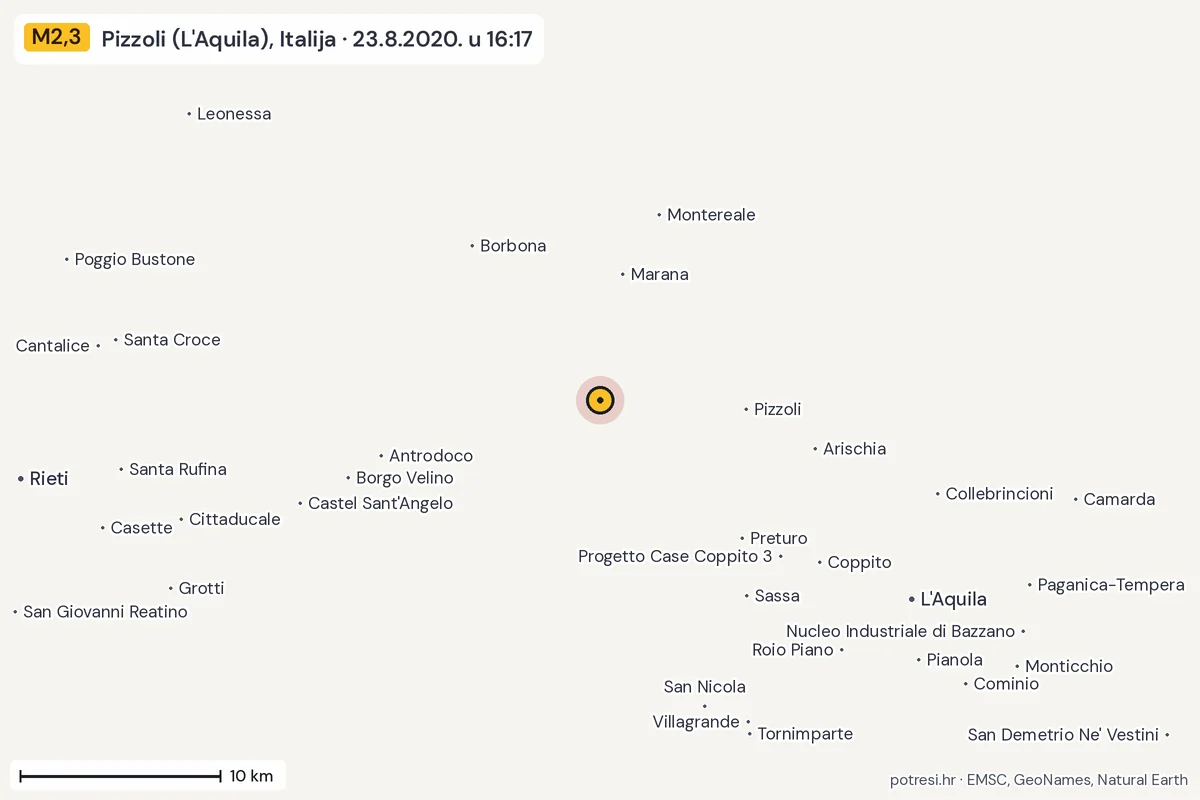 Karta: okolica epicentra, 60 km, potres M2,3, Pizzoli (L'Aquila), Italija, 23.8.2020.