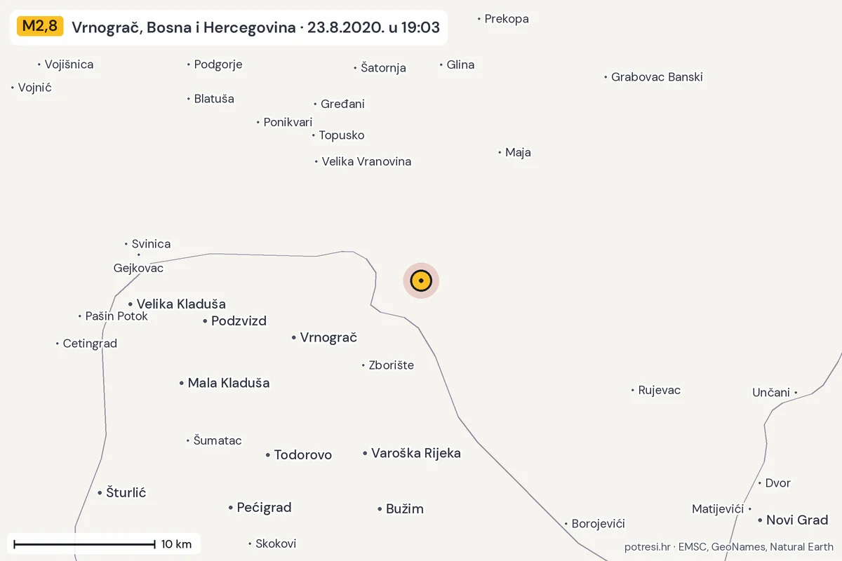 Karta: okolica epicentra, 60 km, potres M2,8, Vrnograč, Bosna i Hercegovina, 23.8.2020.