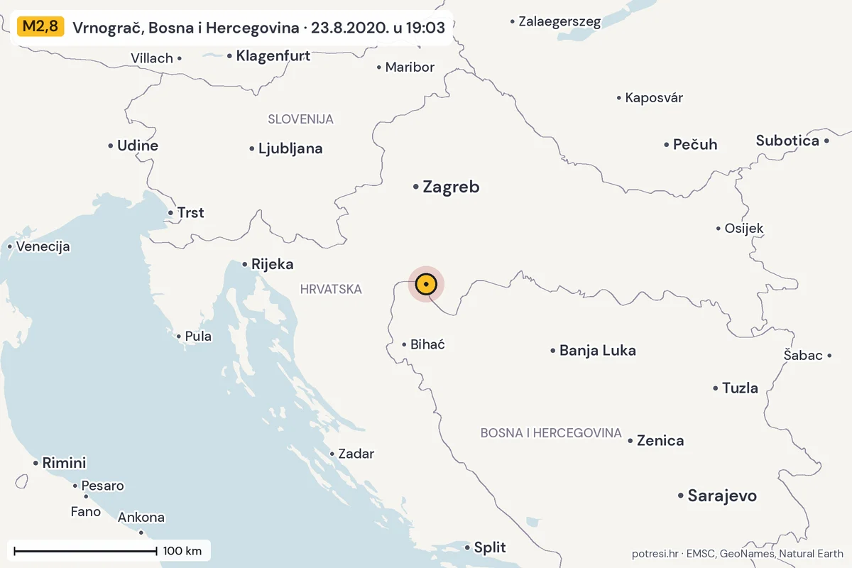 Karta: šire područje, 600 km, potres M2,8, Vrnograč, Bosna i Hercegovina, 23.8.2020.