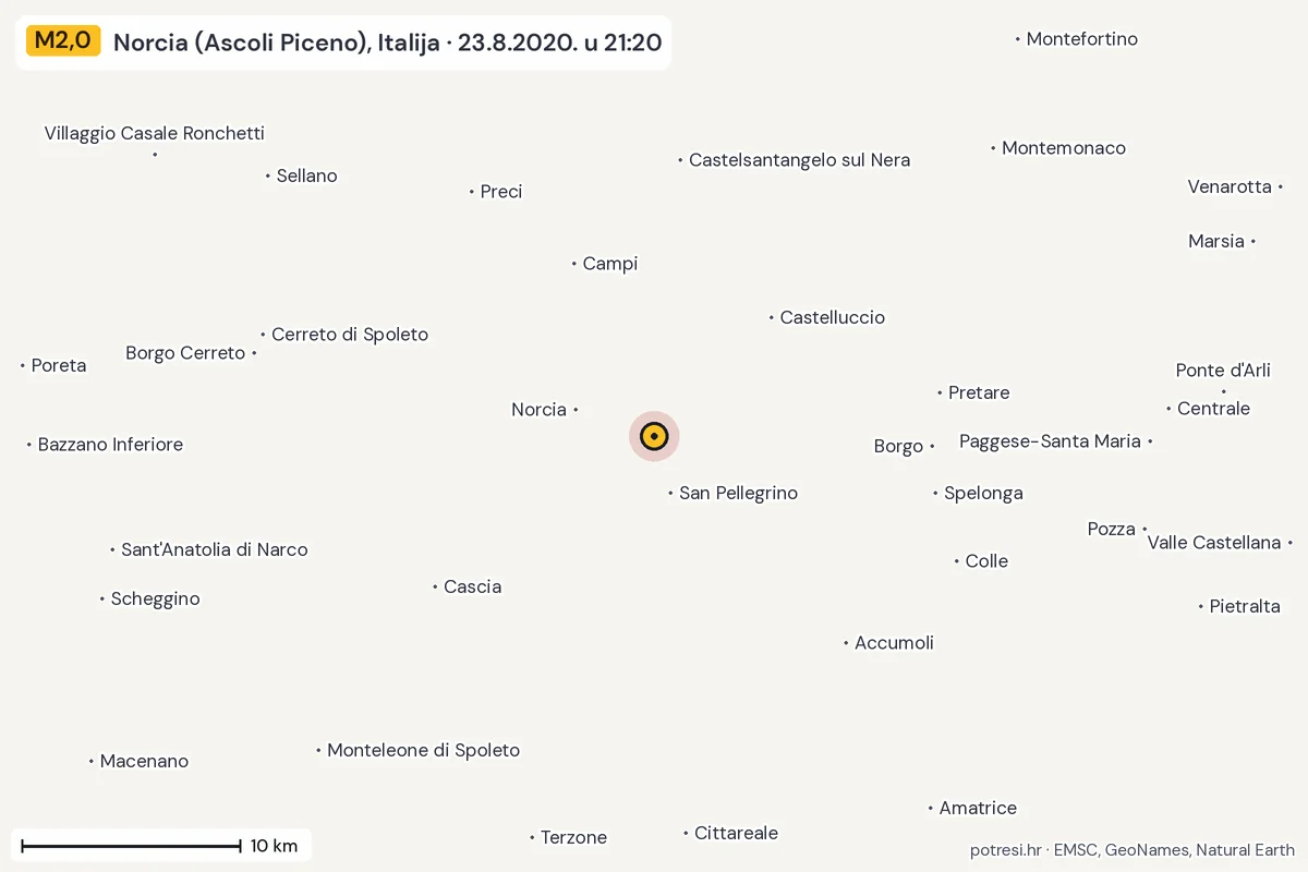 Karta: okolica epicentra, 60 km, potres M2,0, Norcia (Ascoli Piceno), Italija, 23.8.2020.