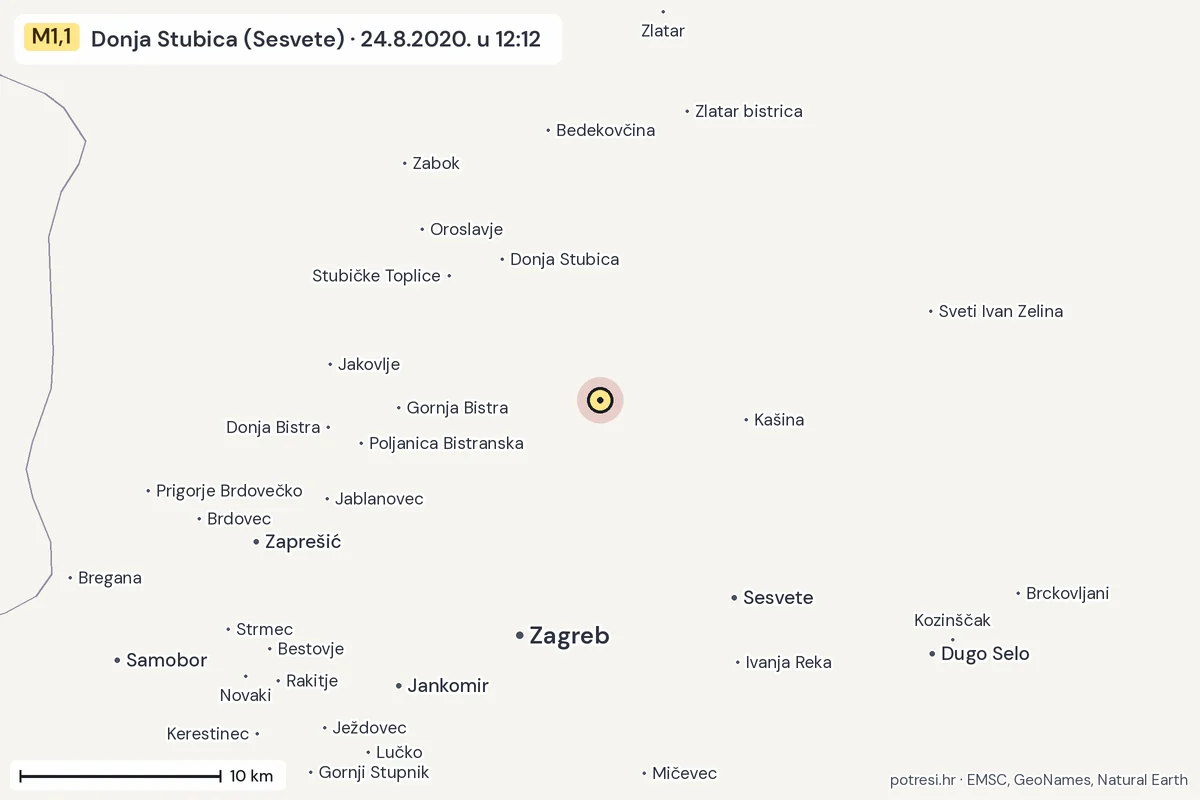 Karta: okolica epicentra, 60 km, potres M1,1, Donja Stubica (Sesvete), 24.8.2020.