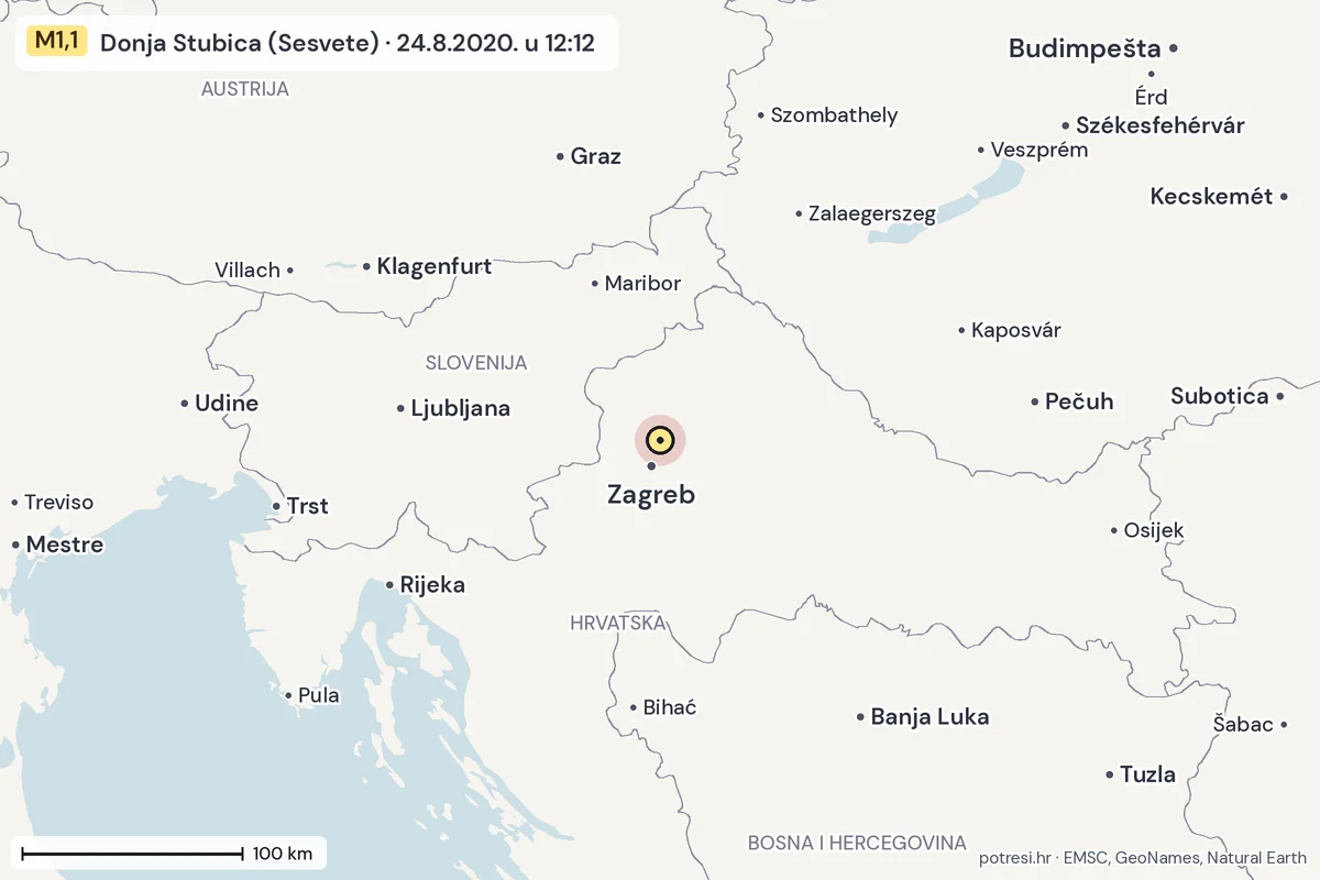 Karta: šire područje, 600 km, potres M1,1, Donja Stubica (Sesvete), 24.8.2020.