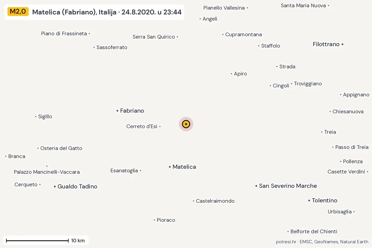 Karta: okolica epicentra, 60 km, potres M2,0, Matelica (Fabriano), Italija, 24.8.2020.