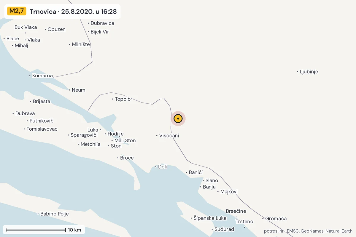 Karta: okolica epicentra, 60 km, potres M2,7, Trnovica, 25.8.2020.