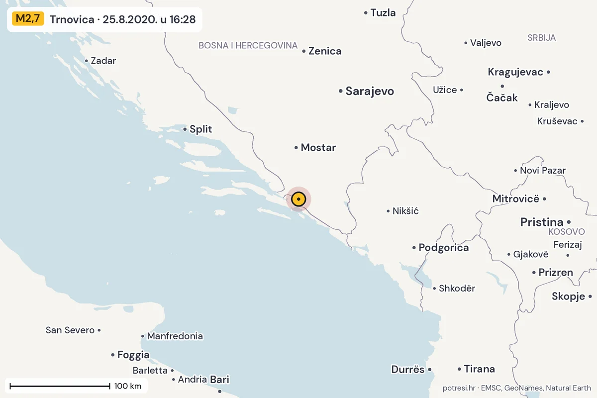Karta: šire područje, 600 km, potres M2,7, Trnovica, 25.8.2020.