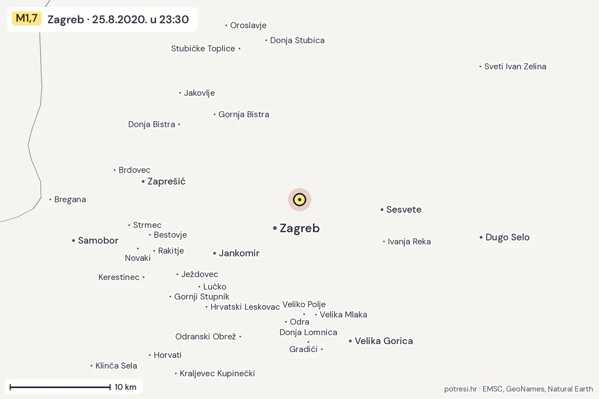 Karta: okolica epicentra, 60 km, potres M1,7, Zagreb, 25.8.2020.