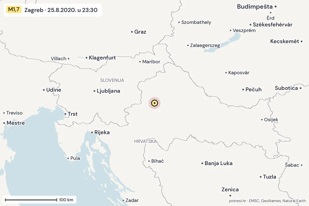 Karta: šire područje, 600 km, potres M1,7, Zagreb, 25.8.2020.