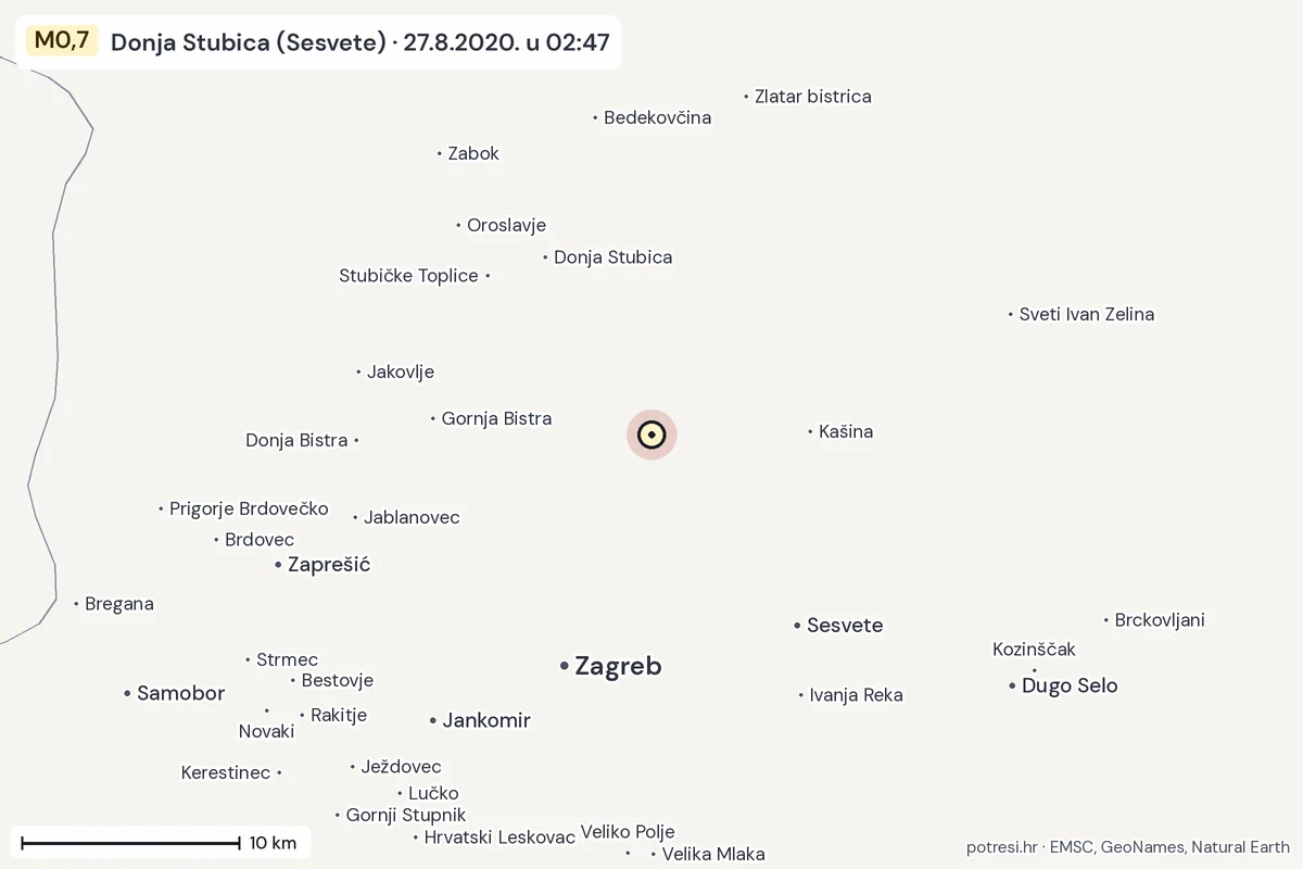 Karta: okolica epicentra, 60 km, potres M0,7, Donja Stubica (Sesvete), 27.8.2020.