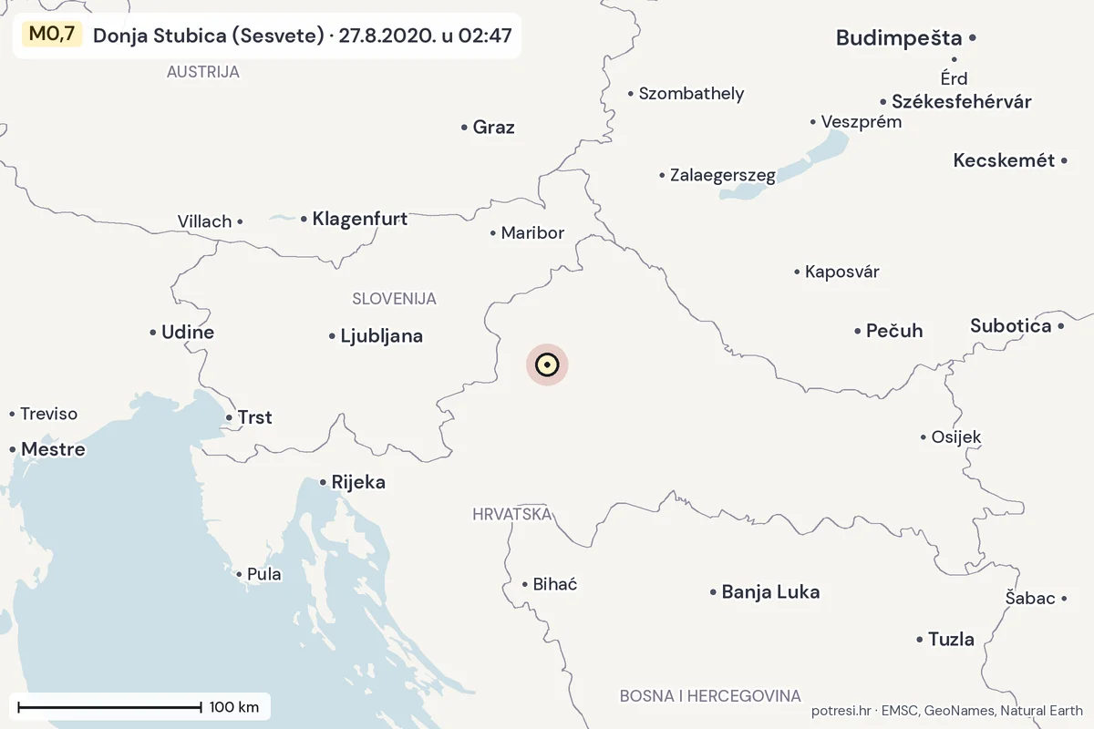 Karta: šire područje, 600 km, potres M0,7, Donja Stubica (Sesvete), 27.8.2020.