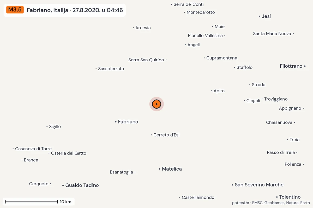 Karta: okolica epicentra, 60 km, potres M3,5, Fabriano, Italija, 27.8.2020.