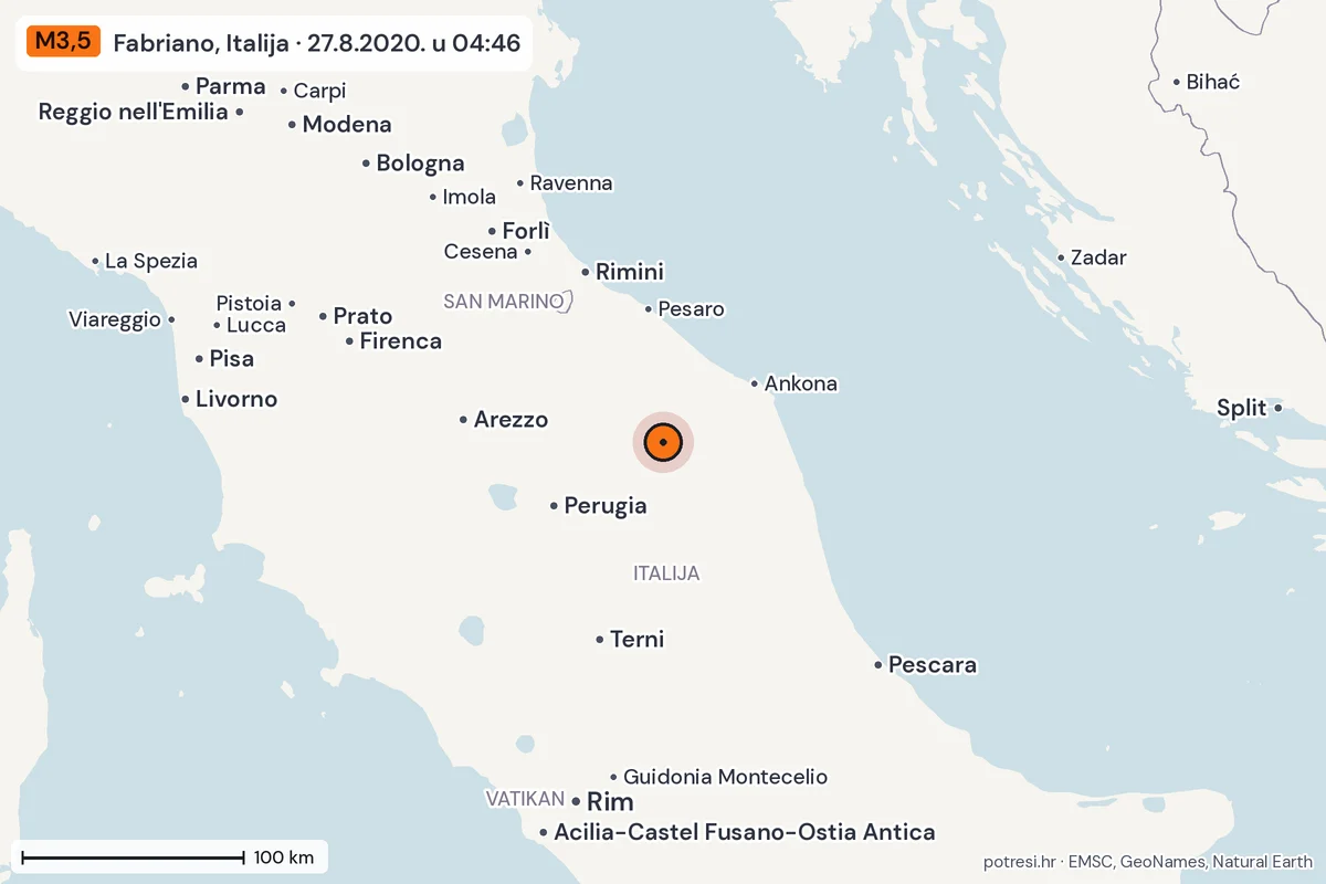 Karta: šire područje, 600 km, potres M3,5, Fabriano, Italija, 27.8.2020.