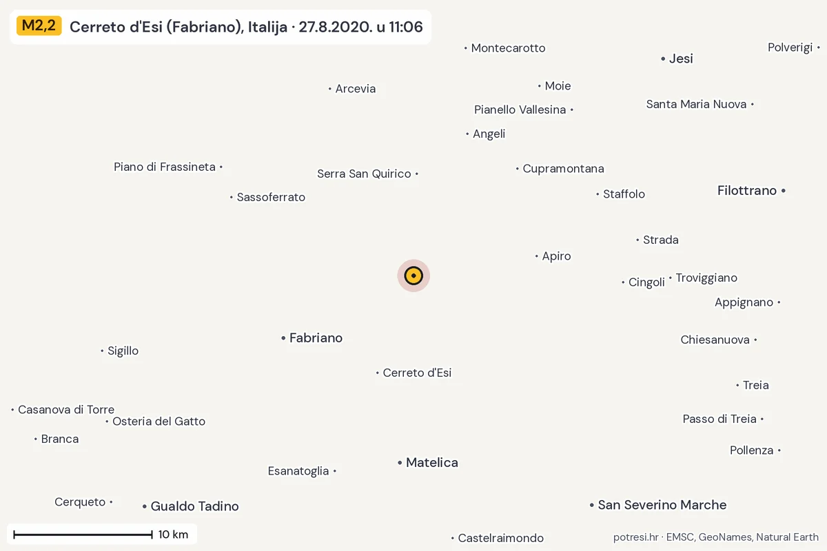 Karta: okolica epicentra, 60 km, potres M2,2, Cerreto d'Esi (Fabriano), Italija, 27.8.2020.