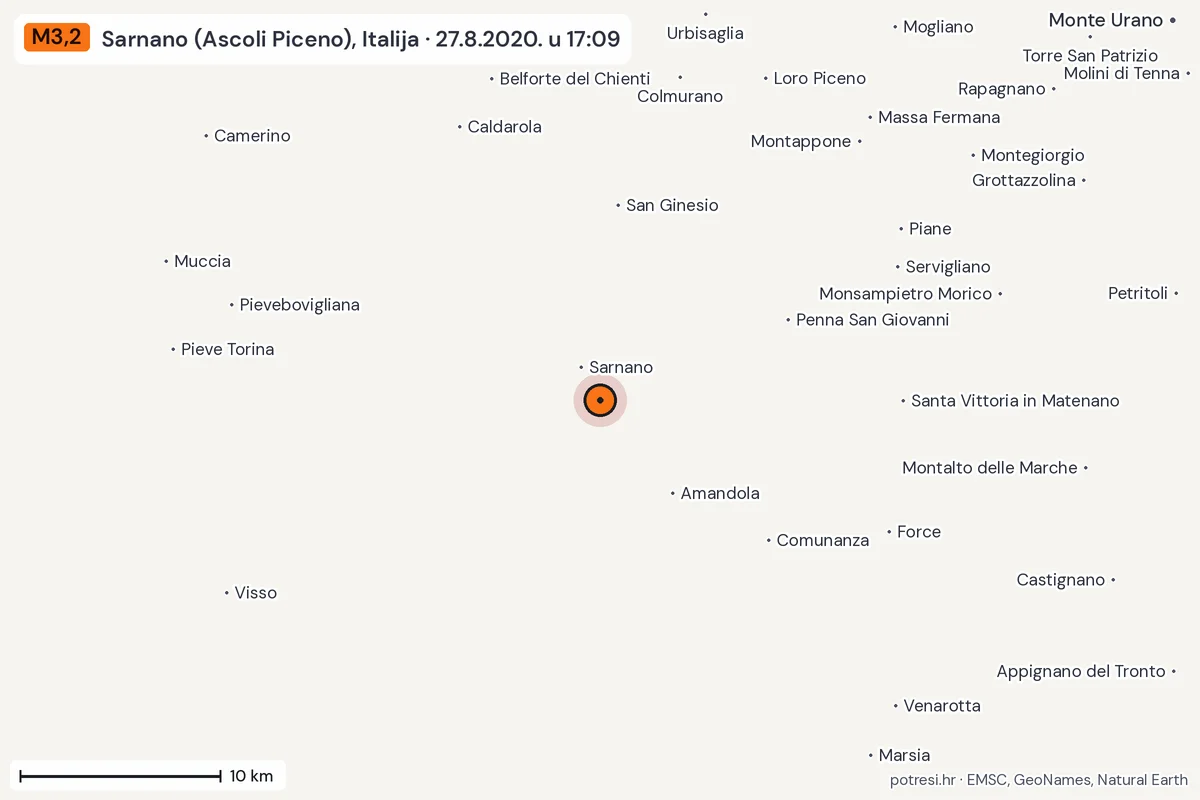 Karta: okolica epicentra, 60 km, potres M3,2, Sarnano (Ascoli Piceno), Italija, 27.8.2020.