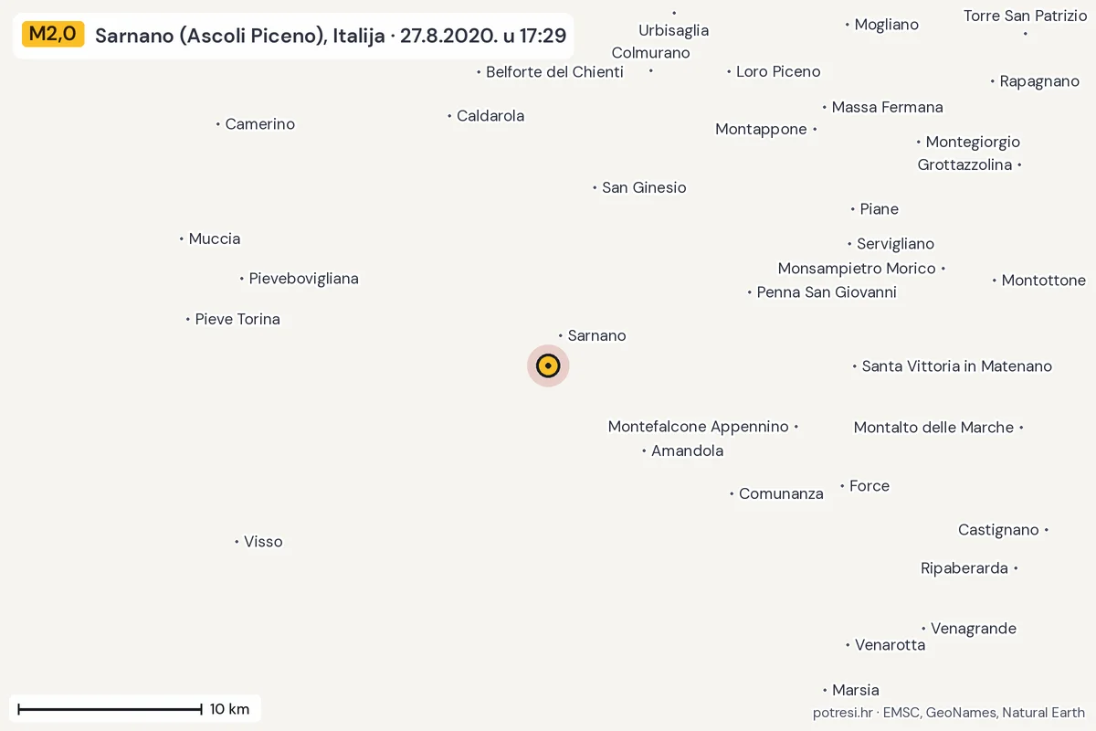 Karta: okolica epicentra, 60 km, potres M2,0, Sarnano (Ascoli Piceno), Italija, 27.8.2020.