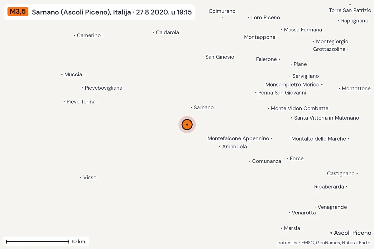 Karta: okolica epicentra, 60 km, potres M3,5, Sarnano (Ascoli Piceno), Italija, 27.8.2020.