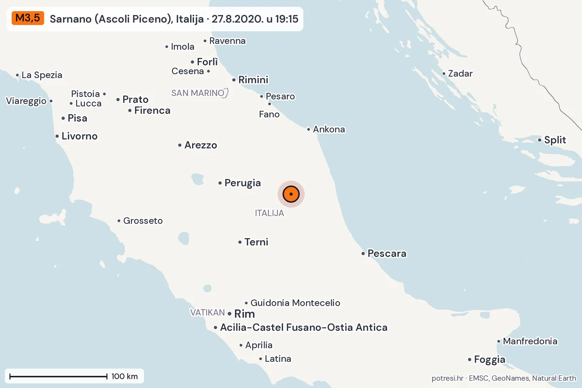 Karta: šire područje, 600 km, potres M3,5, Sarnano (Ascoli Piceno), Italija, 27.8.2020.