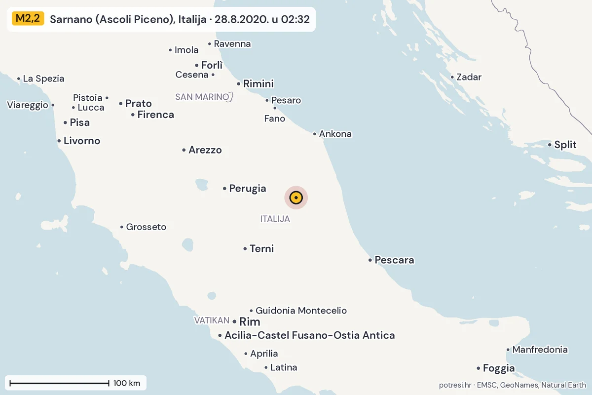 Karta: šire područje, 600 km, potres M2,2, Sarnano (Ascoli Piceno), Italija, 28.8.2020.
