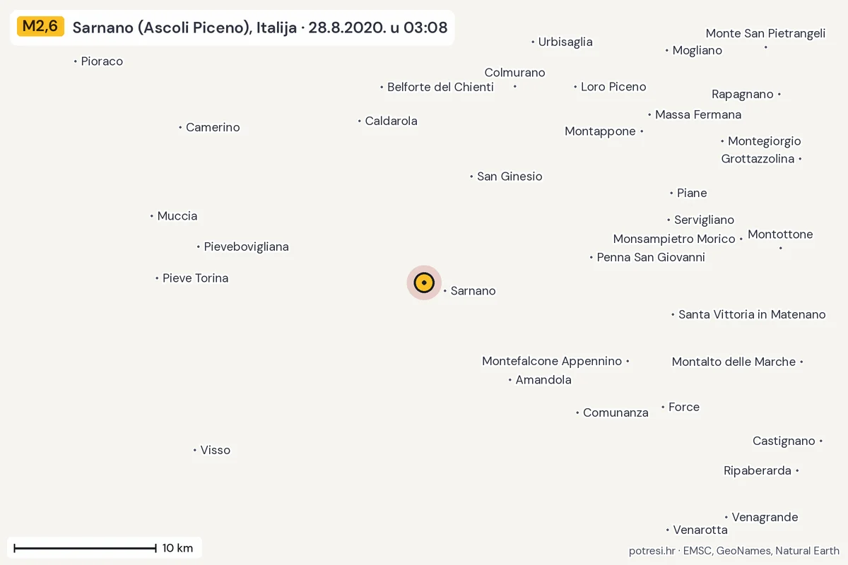 Karta: okolica epicentra, 60 km, potres M2,6, Sarnano (Ascoli Piceno), Italija, 28.8.2020.