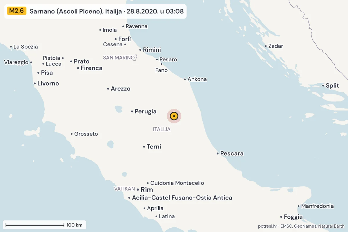 Karta: šire područje, 600 km, potres M2,6, Sarnano (Ascoli Piceno), Italija, 28.8.2020.