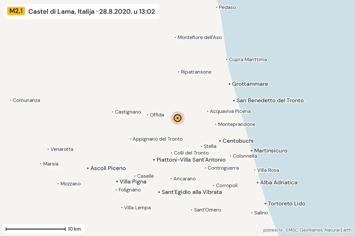 Karta: okolica epicentra, 60 km, potres M2,1, Castel di Lama, Italija, 28.8.2020.