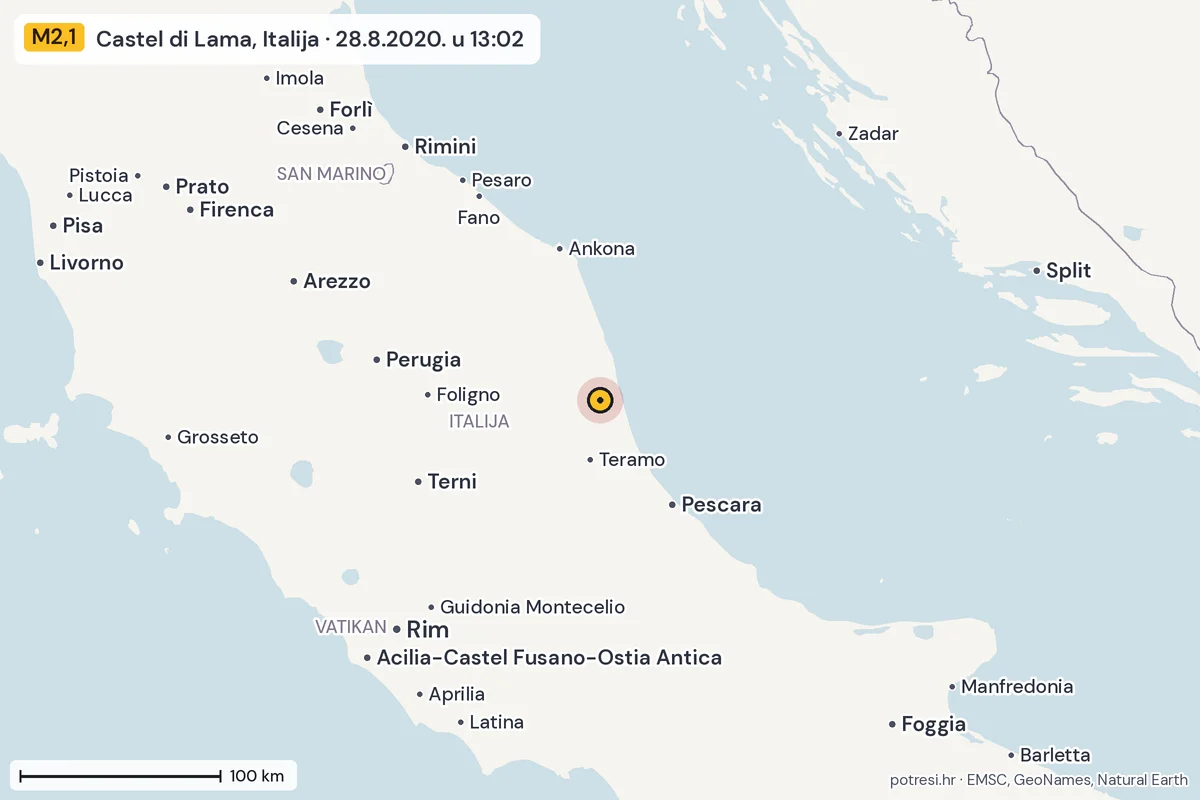 Karta: šire područje, 600 km, potres M2,1, Castel di Lama, Italija, 28.8.2020.