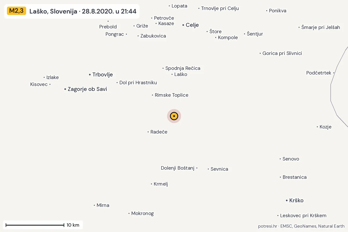 Karta: okolica epicentra, 60 km, potres M2,3, Laško, Slovenija, 28.8.2020.