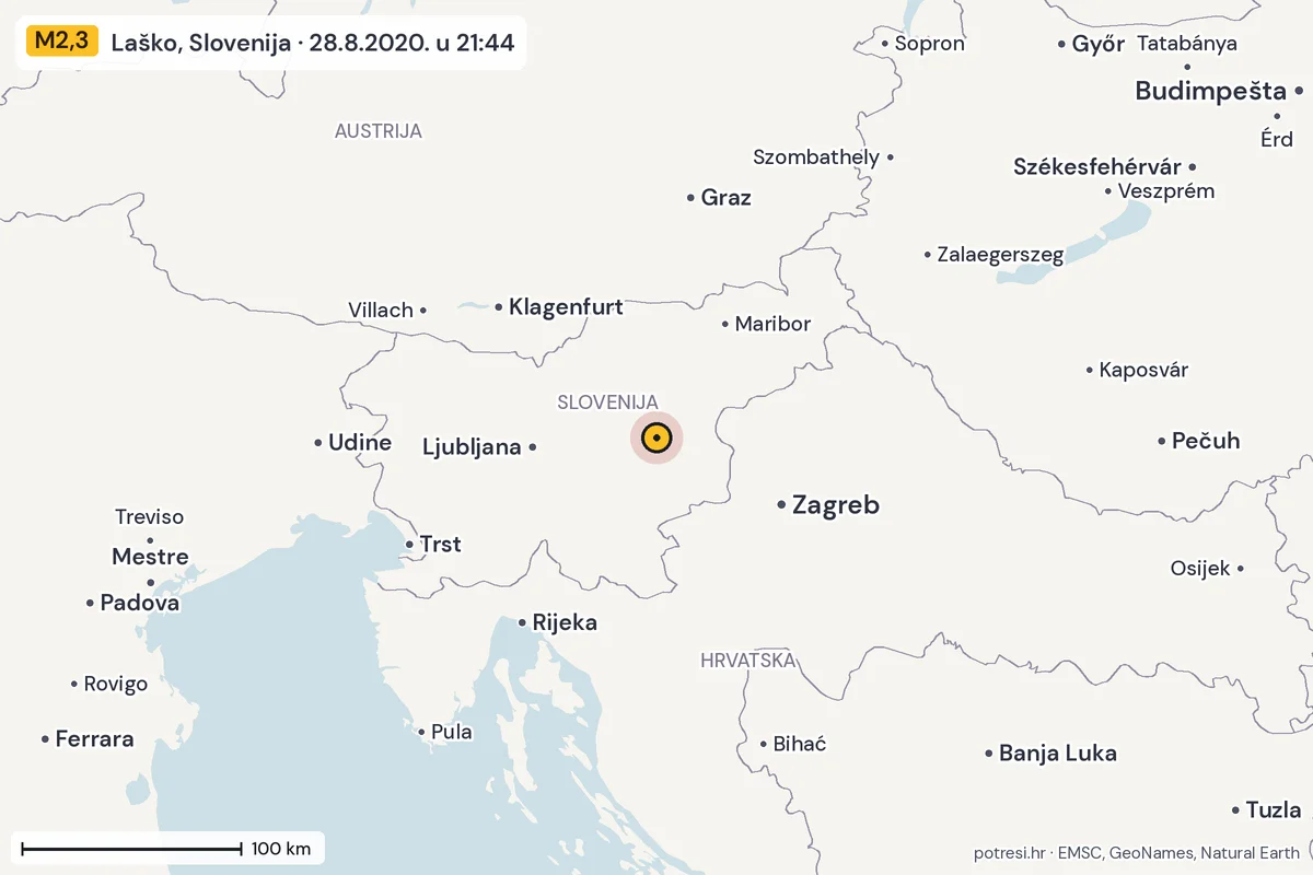 Karta: šire područje, 600 km, potres M2,3, Laško, Slovenija, 28.8.2020.