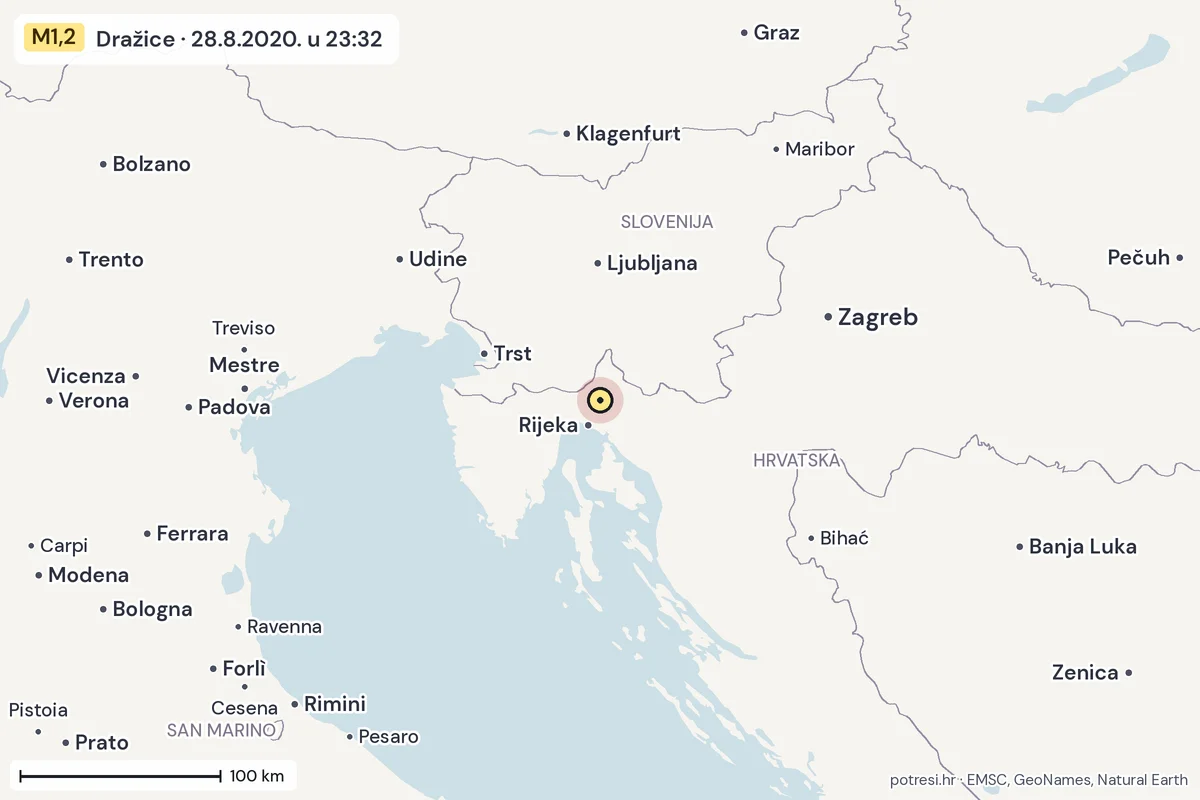 Karta: šire područje, 600 km, potres M1,2, Dražice, 28.8.2020.