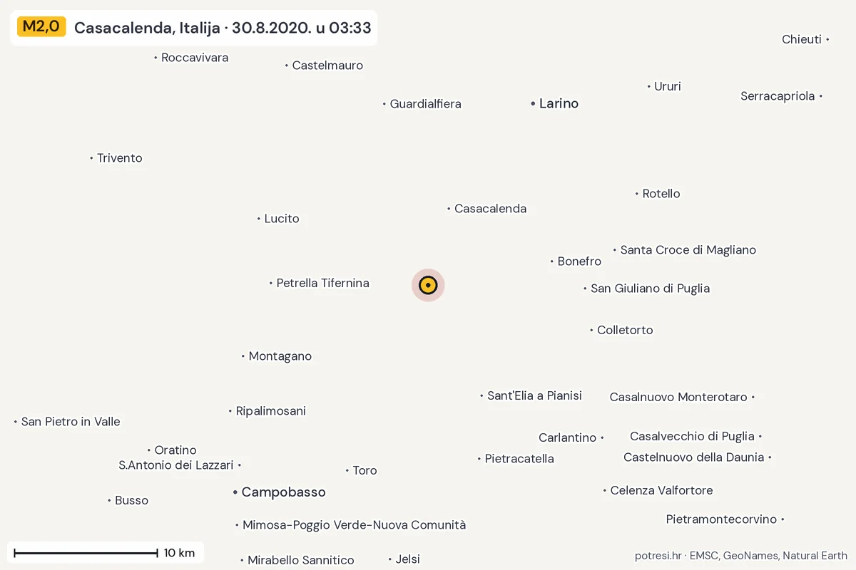 Karta: okolica epicentra, 60 km, potres M2,0, Casacalenda, Italija, 30.8.2020.