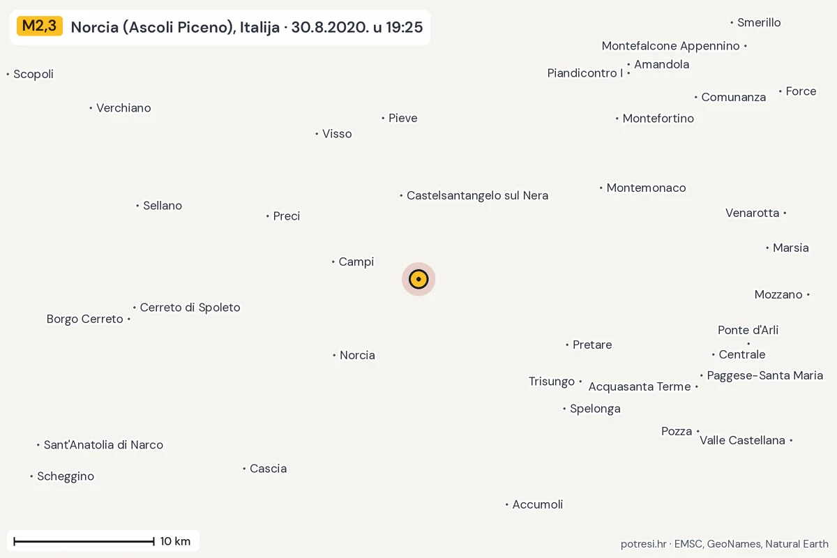 Karta: okolica epicentra, 60 km, potres M2,3, Norcia (Ascoli Piceno), Italija, 30.8.2020.