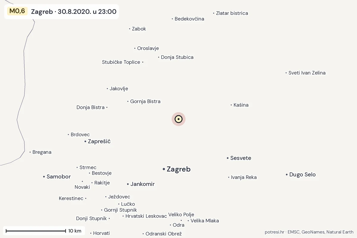 Karta: okolica epicentra, 60 km, potres M0,6, Zagreb, 30.8.2020.