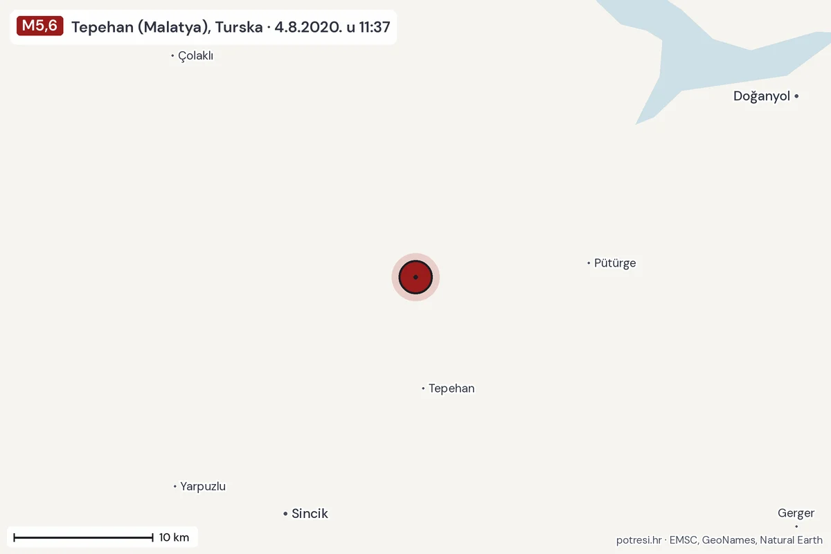 Karta: okolica epicentra, 60 km, potres M5,6, Tepehan (Malatya), Turska, 4.8.2020.