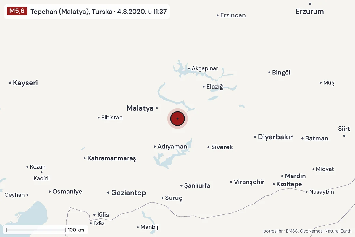Karta: šire područje, 600 km, potres M5,6, Tepehan (Malatya), Turska, 4.8.2020.