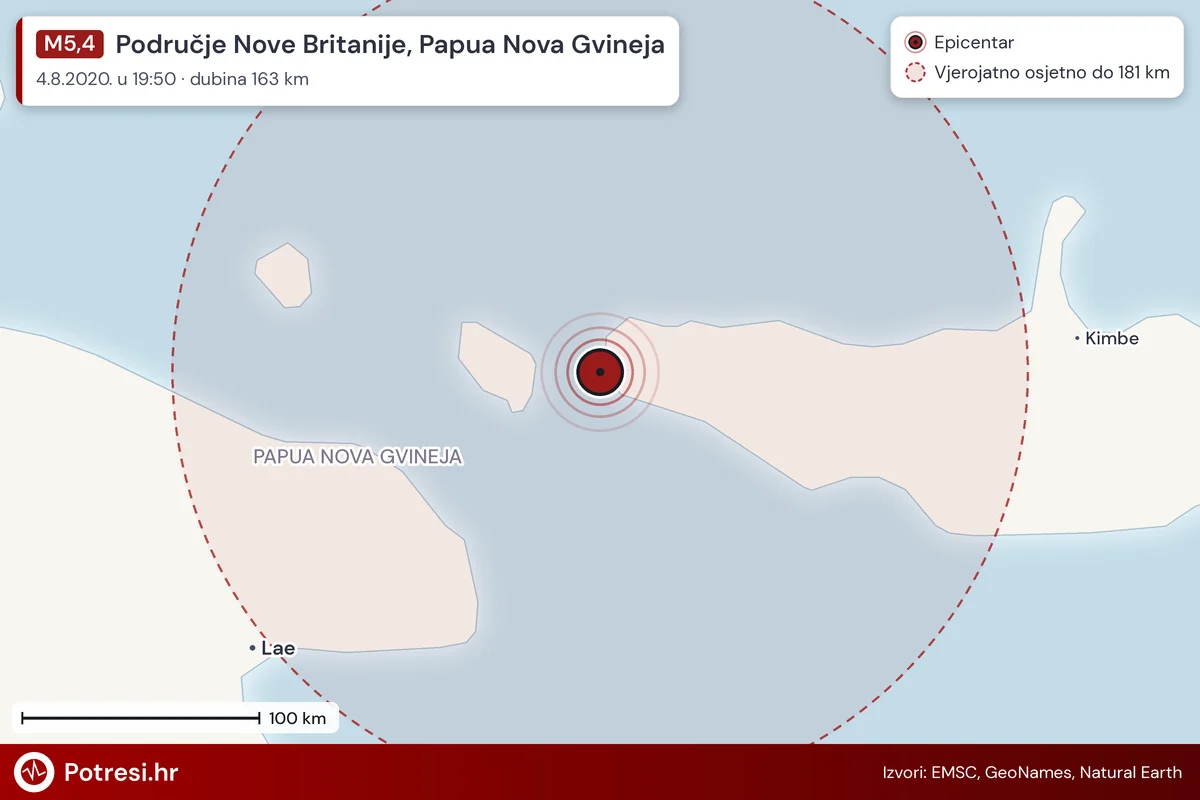 Karta: šire područje i vjerojatni doseg osjeta, potres M5,4, Područje Nove Britanije, Papua Nova Gvineja, 4.8.2020.