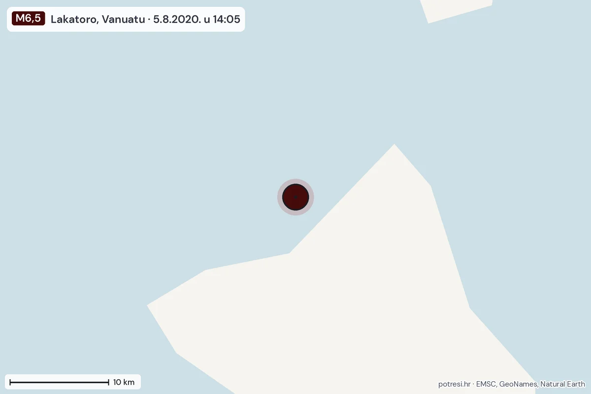 Karta: okolica epicentra, 60 km, potres M6,5, Lakatoro, Vanuatu, 5.8.2020.