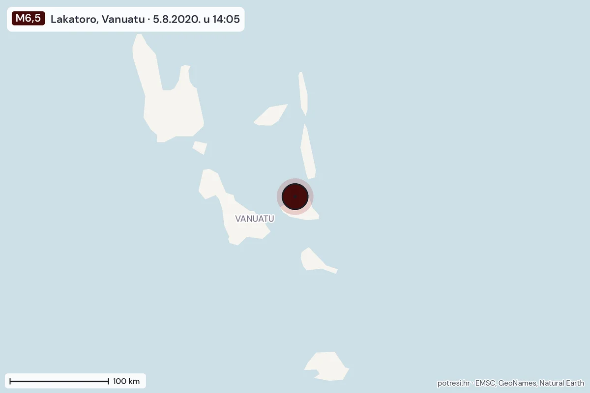 Karta: šire područje, 600 km, potres M6,5, Lakatoro, Vanuatu, 5.8.2020.