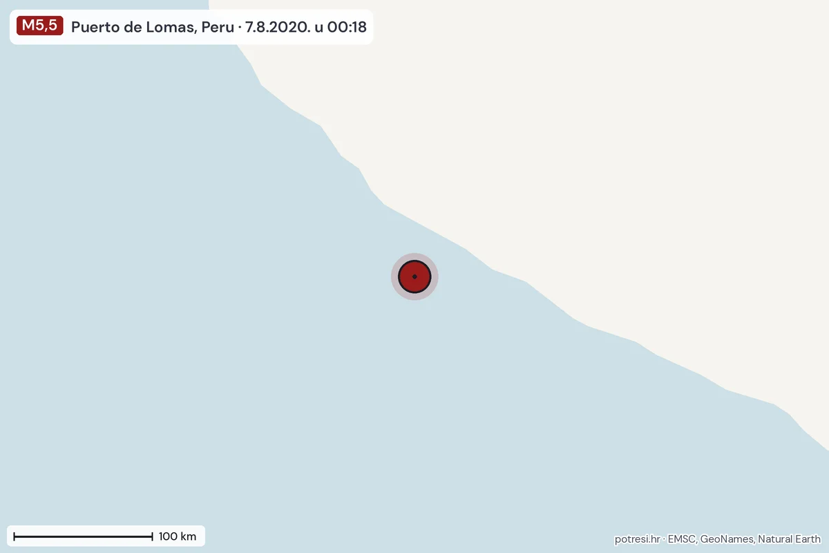 Karta: šire područje, 600 km, potres M5,5, Puerto de Lomas, Peru, 7.8.2020.